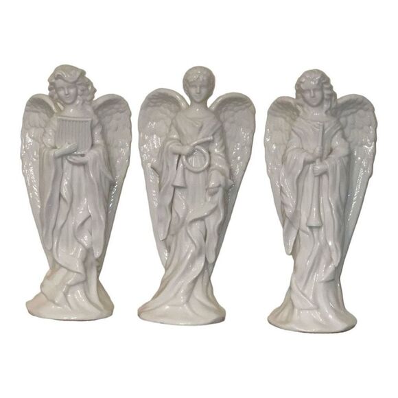 Set of 3 Ivory Glossy Angels Sculpture Music Angels - Picture 1 of 4